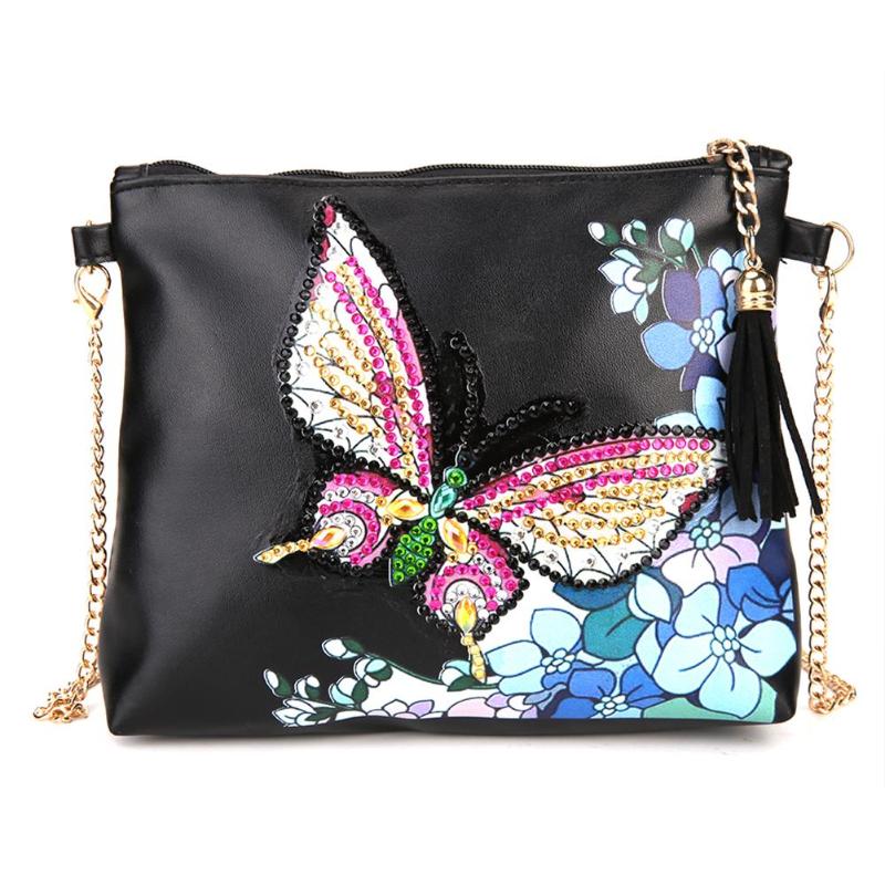 DIY Butterfly With Flowers Diamond Painting Leather Bag
