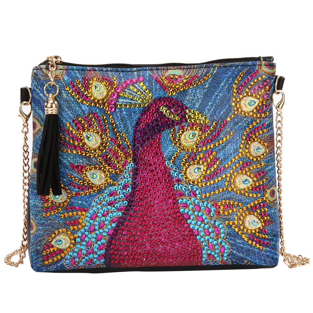 DIY Cute Peacock Diamond Painting Leather Bag