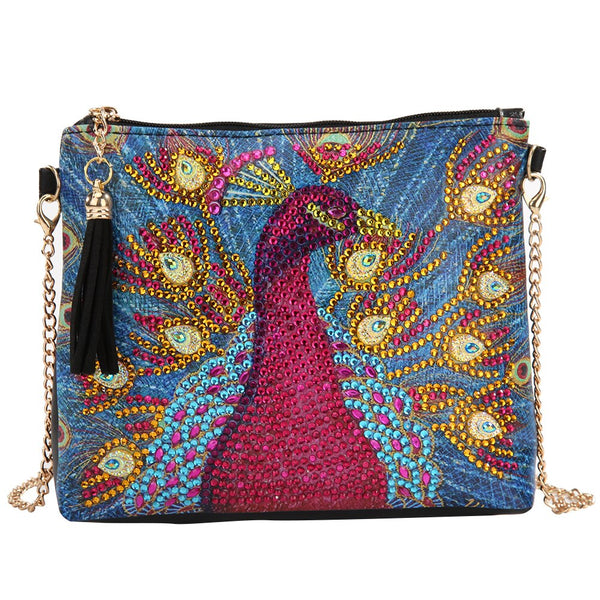 DIY Cute Peacock Diamond Painting Leather Bag