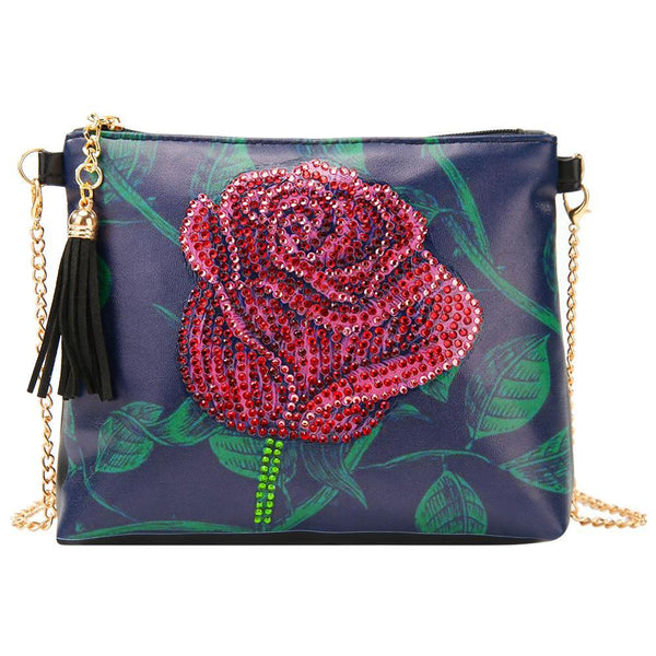 DIY Red Rose Diamond Painting Leather Bag